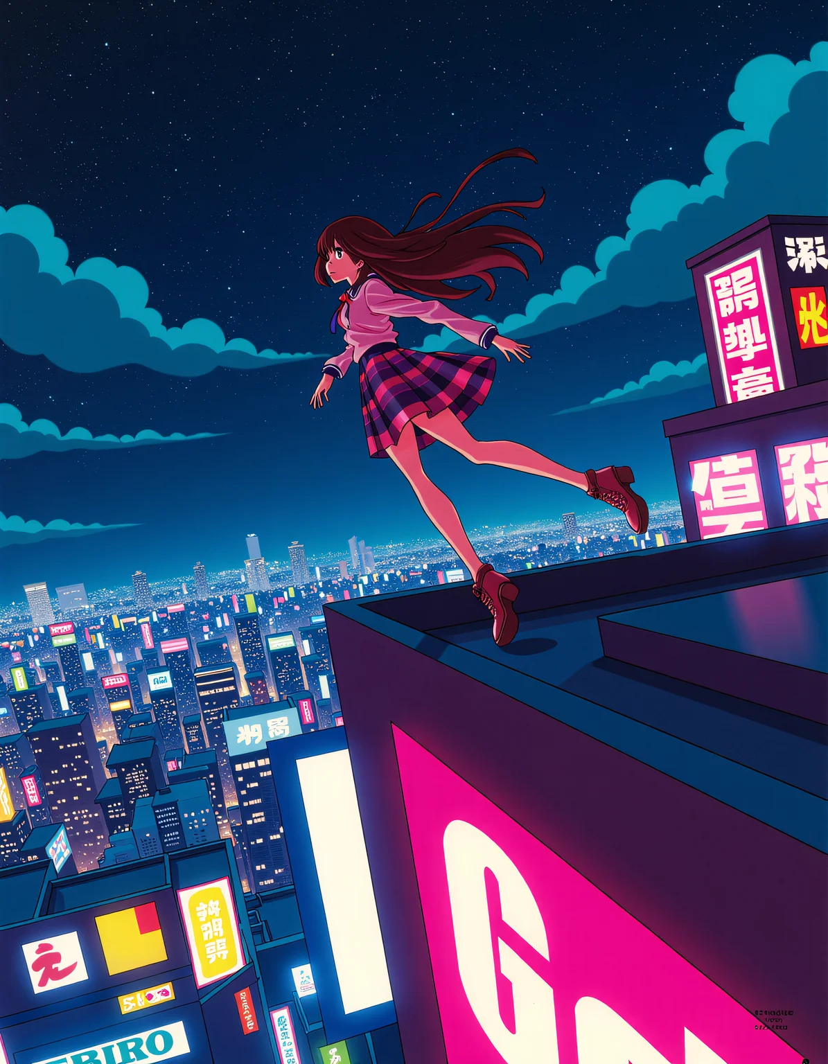 Sushioâs vibrant and exaggerated aesthetics, anime style, A heroine leaping from one neon-lit rooftop to another under a night sky filled with electric city lights, hair streaming behind her as she evades a pursuing figure. <lora:xlranime-sushio:1.0>