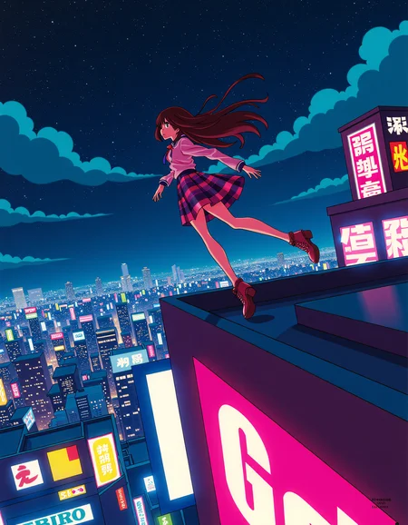 Sushioâs vibrant and exaggerated aesthetics, anime style, A heroine leaping from one neon-lit rooftop to another under a night sky filled with electric city lights, hair streaming behind her as she evades a pursuing figure. <lora:xlranime-sushio:1.0>