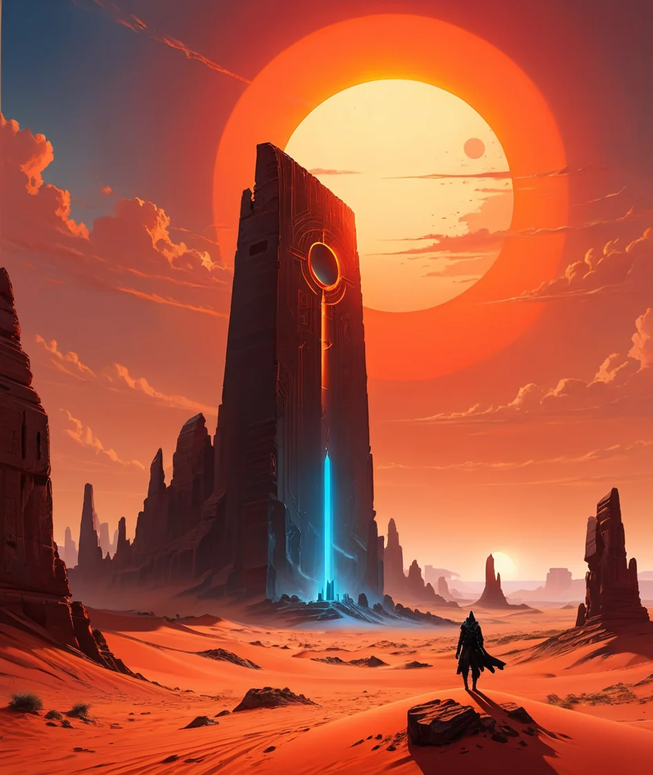ultra-detailed landscape of an other world, otherworldly scenery,
empty endless red-sand desert, red-sand dunes,
large red-orange sun up in the sky, smaller sun on the horizon, red-sand-dust in flying air,
colossal ruined black-stone monolith towers over sand, unreadable inscriptions and bareliefs on monolith,
glowing blue portal in monolith, small dark silhouette in portal, 
BREAK,
BEST QUALITY, MASTERPIECE, HIGH-RES, 4K, 8K, HIGHLY-DETAILED,
INTRICATE DETAILS, SHARP FOCUS, SMOOTH SHADING, VOLUMETRIC LIGHTING,
<lora:add-detail-xl:2.8>,
