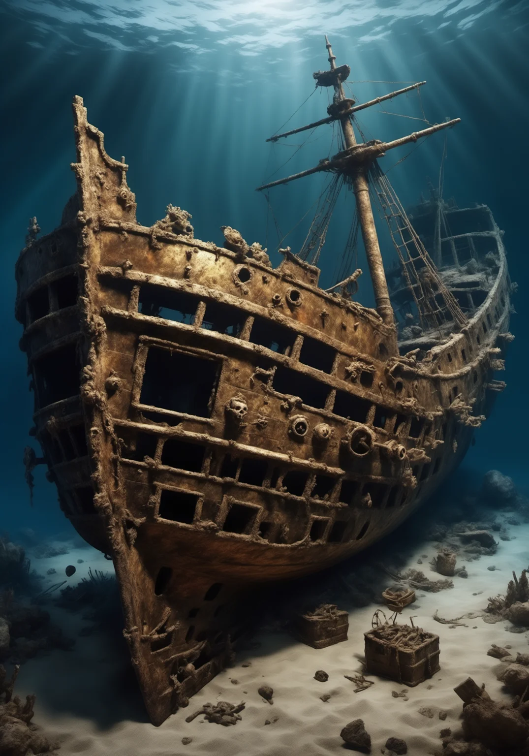 hyperrealistic art image of Sunken Treasure, The Shipwreck of the Maravillas, scary, gloomy, extremely high-resolution details, photographic, realism pushed to extreme, fine texture, incredibly lifelike