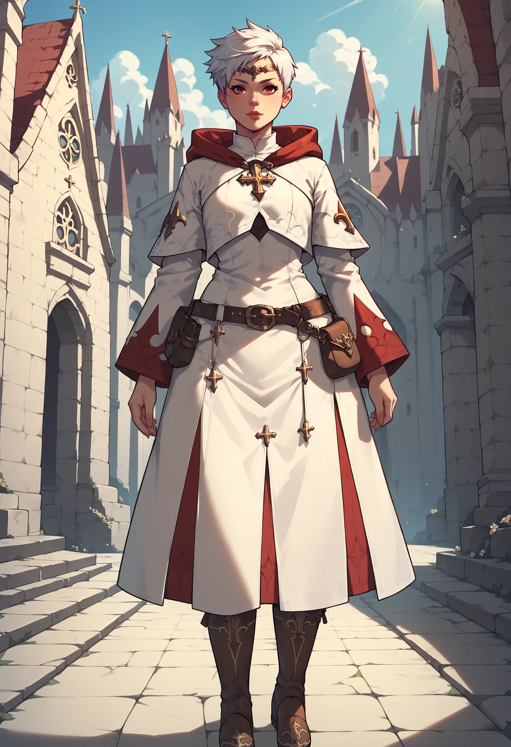 zPDXL,score_9, score_8_up, score_7_up, source_anime, 1girl, solo, church, full body,
white hair, pixie cut, red eyes, short hair,
white mage, boots, belt, hood, pouch, robe, belt pouch, circlet <lora:Healers_Attire_FFXIV-White_Mage_AF1:.75>
