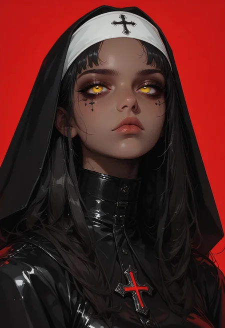 **masterpiece, score_9, score_8_up, hyper-detailed, 8K, full body illustration, regal medieval clothing, robe, long black hair, chromecore, red background, sinozick style, flat color, simple background, dark and blue tones, vibrant colors, colorful, expressionless, yellow eyes, serious, dark vibes, dark fantasy, armor details, monochrome highlights, dark-skinned female, gradient effects, mythp0rt, polished textures, dramatic lighting, surreal elegance, intricate details, minimalistic backdrop, striking composition, ethereal glow, moody aesthetic** morimee_style, cute face, nun,latex,bdsm outfit, sinozick style, flat color, dark theme