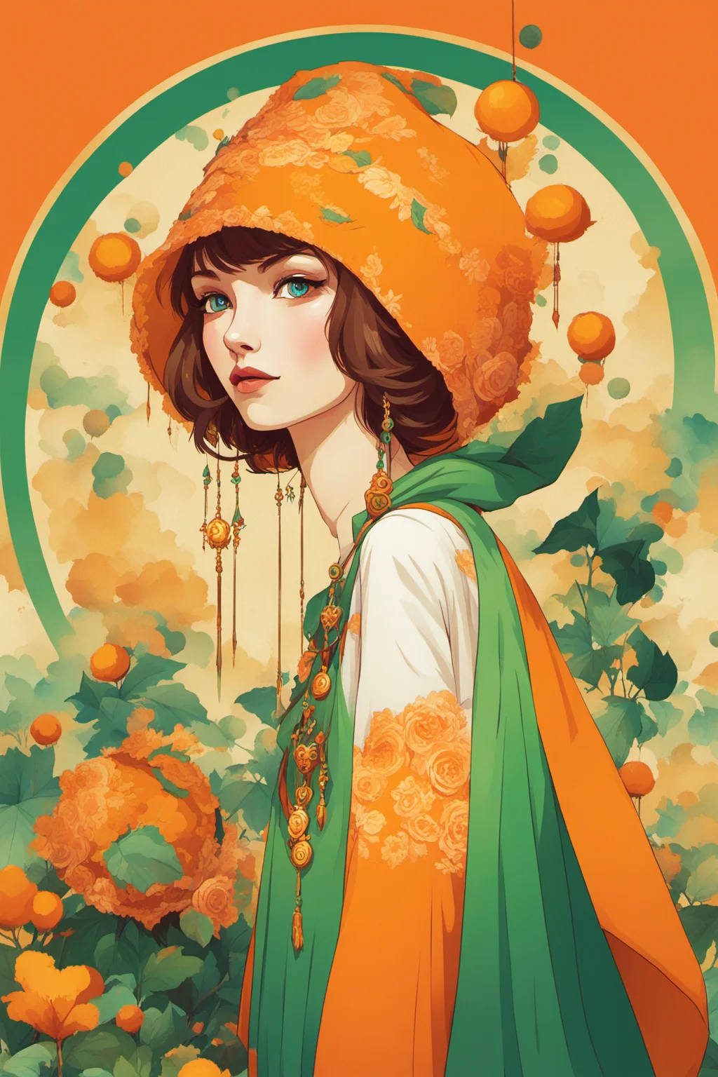 <lora:CH>,tj,LocationInformation,in the style of 2d game art,characterized girl,dmitry vishnevsky,orange and emerald,cute and dreamy,editorial illustrations,