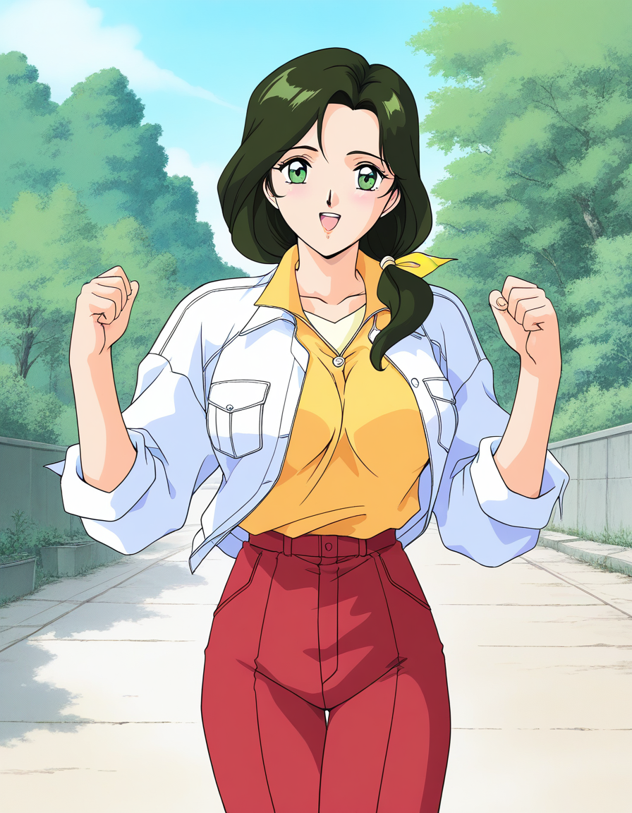 general,highres, ultra-detailed,very aesthetic,best quality ,best hands,  BREAK <lora:Sakurai_Sensei_IS:1>Sakurai_Sensei, 1girl,solo, dark green hair, long hair, green eyes, large breasts, low ponytail, lips,1990s (style), anime coloring, BREAK,
smile,looking at viewer, cowboy_Shot, open mouth, 
down arms,
Yellow shirt, white sleeve, red pants, long pants, closed jacket, button, fastener,
outdoor, day,, general,highres, ultra-detailed,very aesthetic,best quality ,best hands,  BREAK