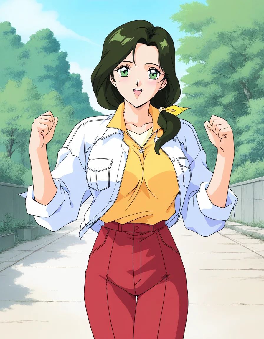 general,highres, ultra-detailed,very aesthetic,best quality ,best hands, BREAK <lora:Sakurai_Sensei_IS:1>Sakurai_Sensei, 1girl,solo, dark green hair, long hair, green eyes, large breasts, low ponytail, lips,1990s (style), anime coloring, BREAK,
smile,looking at viewer, cowboy_Shot, open mouth,
down arms,
Yellow shirt, white sleeve, red pants, long pants, closed jacket, button, fastener,
outdoor, day,, general,highres, ultra-detailed,very aesthetic,best quality ,best hands, BREAK