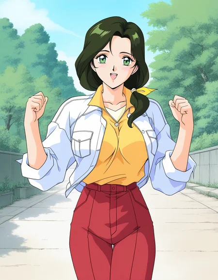 general,highres, ultra-detailed,very aesthetic,best quality ,best hands,  BREAK <lora:Sakurai_Sensei_IS:1>Sakurai_Sensei, 1girl,solo, dark green hair, long hair, green eyes, large breasts, low ponytail, lips,1990s (style), anime coloring, BREAK,
smile,looking at viewer, cowboy_Shot, open mouth, 
down arms,
Yellow shirt, white sleeve, red pants, long pants, closed jacket, button, fastener,
outdoor, day,, general,highres, ultra-detailed,very aesthetic,best quality ,best hands,  BREAK