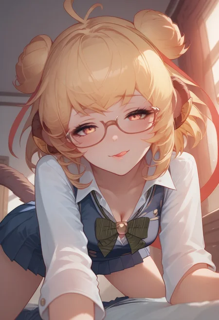 score_9, score_8_up, score_7_up, 1girl, solo girl, andiraaa, monkey tail, school uniform, glasses, collared shirt, blue skirt, green bowtie, red ribbon, sexy girl, femdom, beautiful eyes, petite body, small breasts, shy, horny, seductive, cleavage, loose shirt, bottomless, on all fours, seducing, seductive, blush, Expressiveh, smiling, euphoric, smug, enticing, licking lips, big round eyes, eyes wide open, volumetric lighting,(in a brightly lit luxury hotel room:1.2)