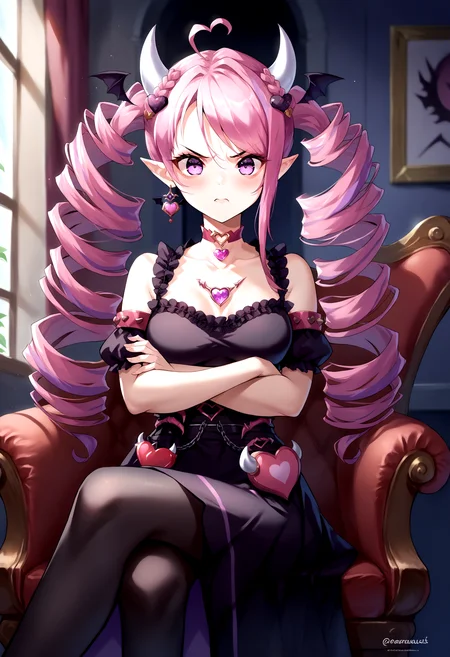 score_9, score_8_up, score_7_up, source_anime, 1girl, indoors, cowboy shot, <lora:Ironmouse_XLPD:1>, IronmouseBrat, purple eyes, demon horns, demon girl, demon tail, demon wings, pointy ears, drill hair, twintails, heart ahoge, long hair, twin drills, heart hair ornament, bangs, black dress, jewelry, choker, detached sleeves, frills, pantyhose, earrings, crown, heart-shaped ornament, pendant, angry, sitting, crossed legs, chair, crossed arms,