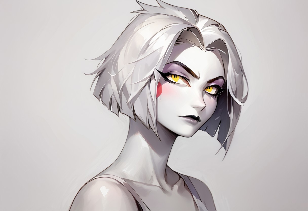 score_9, score_8_up, score_7_up, score_6_up, score_5_up, score_4_up, source_anime, traditional art, line art, rating_safe, zPDXL, clear yellow eyes, looking at viewer, eye contact, (4k quality, masterpiece):1.4),(best quality:1.1), dark fantasy, high quality eyes, sharp eyes, 1 character, 1 woman
((mature and imposing 1woman, Lute, Lute Hazbin Hotel, White skin, white colored skin, colored skin, white hair, white straight short hair, short hair, straight hair,))