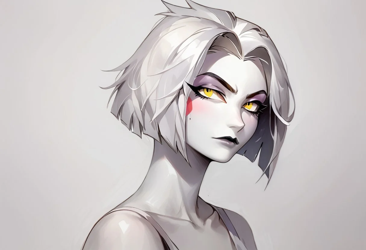 score_9, score_8_up, score_7_up, score_6_up, score_5_up, score_4_up, source_anime, traditional art, line art, rating_safe, zPDXL, clear yellow eyes, looking at viewer, eye contact, (4k quality, masterpiece):1.4),(best quality:1.1), dark fantasy, high quality eyes, sharp eyes, 1 character, 1 woman
((mature and imposing 1woman, Lute, Lute Hazbin Hotel, White skin, white colored skin, colored skin, white hair, white straight short hair, short hair, straight hair,))