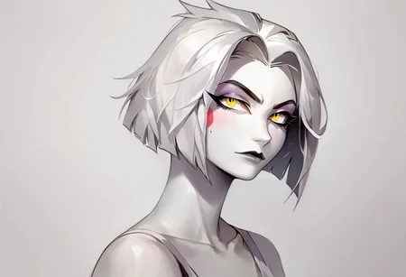 score_9, score_8_up, score_7_up, score_6_up, score_5_up, score_4_up, source_anime, traditional art, line art, rating_safe, zPDXL, clear yellow eyes, looking at viewer, eye contact, (4k quality, masterpiece):1.4),(best quality:1.1), dark fantasy, high quality eyes, sharp eyes, 1 character, 1 woman
((mature and imposing 1woman, Lute, Lute Hazbin Hotel, White skin, white colored skin, colored skin, white hair, white straight short hair, short hair, straight hair,))
