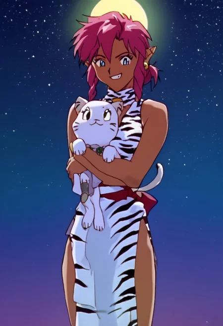 score_9, score_8_up, score_7_up, score_6_up, 1990s_(Style), 90s, Anime_Coloring, masterpiece, source_anime screenshot, duo, 1 girl, 1 boy, vivid colors, anime style, cartoon anime, source_anime, high-res, beautiful aesthetic, very intricate, high-quality details, vibrant, highly detailed, award-winning, professional, sleek and shiny, <lora:pink-ponyxl-v2:1>, single fang showing, sleeveless dress, white tiger print dress, pelvic curtain, cleavage, white cat ears, cat bell necklace, bright pink hair, tanned, white tiger tail, red sash, small breasts, leather shoes, detailed eyes, green eyes, detailed face, smile, BREAK score_9, score_8_up, score_7_up, score_6_up, Masterpiece, source_anime, anime style, 1 girl, 1 boy, vivid colors, high-res, beautiful aesthetic, very intricate, high-quality details, vibrant, highly detailed, award-winning, professional, <lora:link:1> link1, link, pointy ears, blonde hair, blue eyes, medium hair, side locks, earrings, short ponytail, blue hylian tunic, grin
Break
In front of a giant full moon, stars in the sky, pink and link standing for photo, hugging, night time, front view, cowboy shot, whimsical, happy