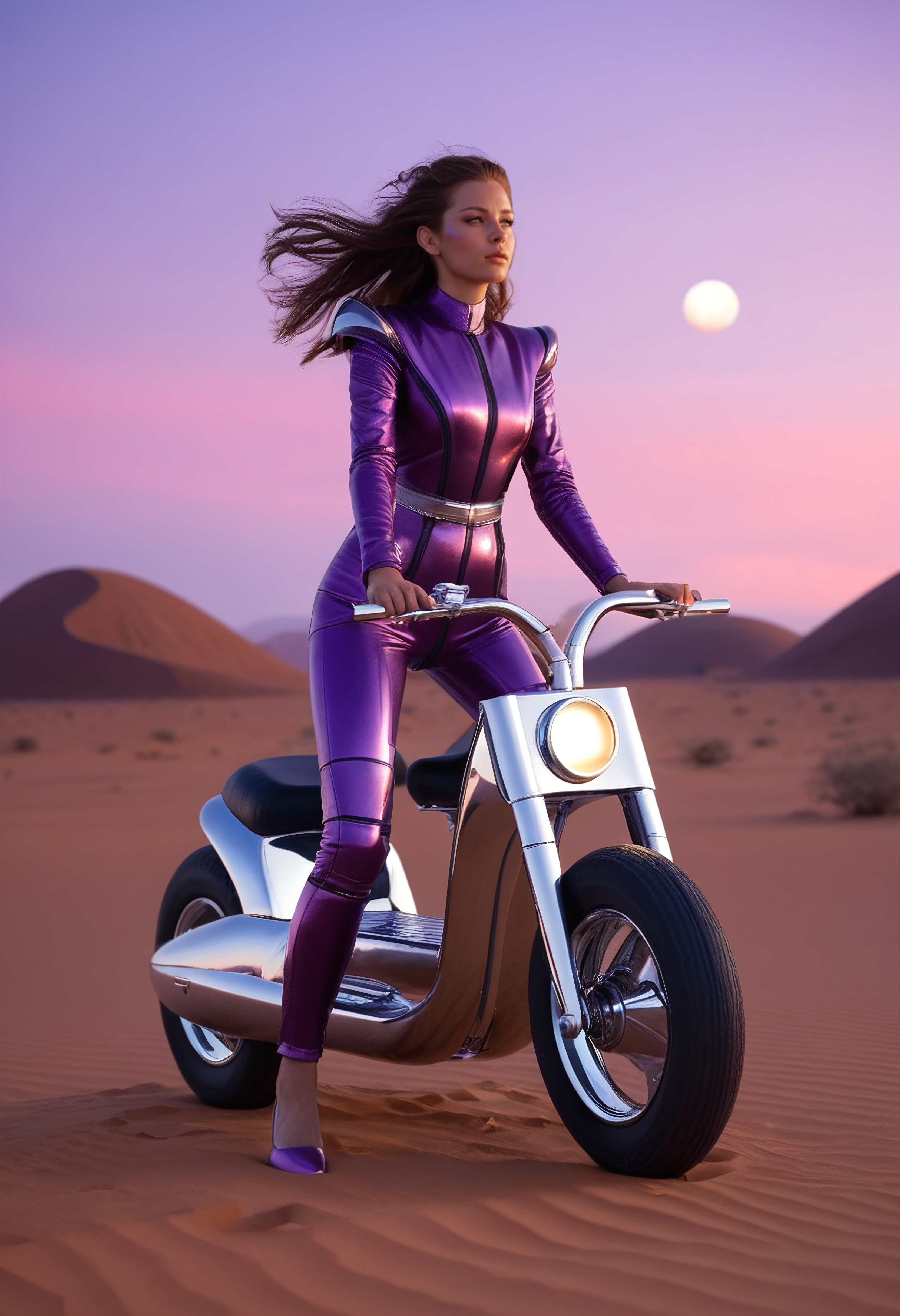 1girl, full body, riding a sleek chrome hoverbike over desert planet surface, glossy purple suit reflecting sunset, wind blowing hair, two moons behind her, soft blur, retro space novel action vibe