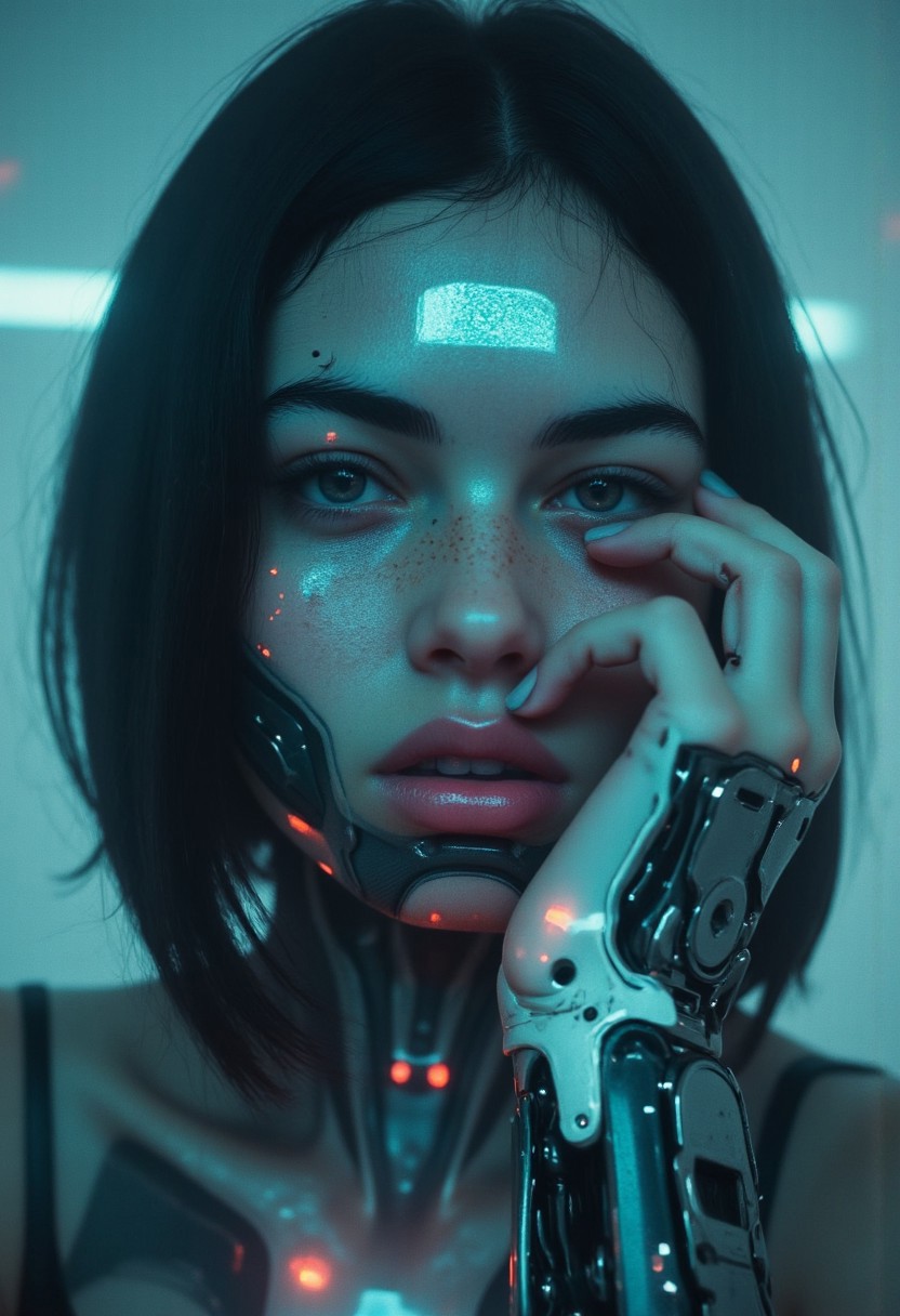A high-resolution close-up photo of a striking woman with a cybernetic arm. Her face has a pale, metallic sheen, with glowing blue dots on her forehead and cheeks, adding an otherworldly touch. Her almond-shaped eyes gleam with a mix of amusement and challenge, framed by dark, shoulder-length hair that adds a touch of mystery. Her expression is confident and slightly amused, as if daring anyone to challenge her. The scene has a dystopian, overexposed, and faded atmosphere, with a soft, bleached glow that washes over her features. Neon highlights, tinged with orange, trace the contours of her face, subtly emphasizing her cybernetic nature. The background is a washed-out blur, creating a hazy, ethereal effect that enhances the mysterious, almost melancholic mood. The overall color palette is stark and muted, with the neon details offering a faint, glowing contrast against the pale, dystopian ambiance.