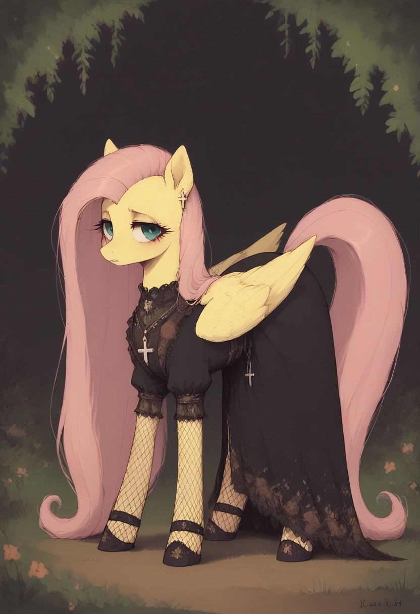 score_9, score_8_up, score_7_up, d4rkpurp, ((feral pony)), solo, ruined village by the forest, dark lake on the background, looking back at viewer, standing on all fours, bored expression,
BREAK,
(fluttershy, pegasus), black dress, black fishnets, (long flat hair:1.1), white cross earrings