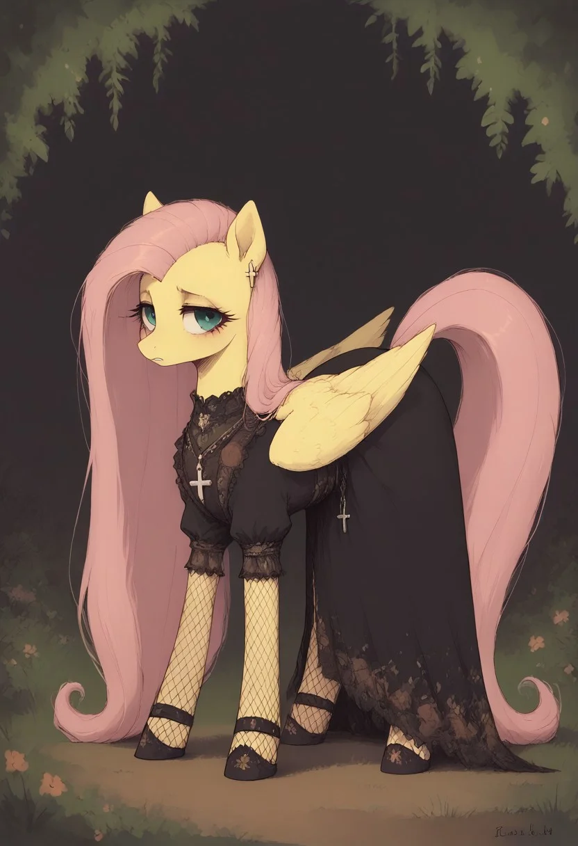 score_9, score_8_up, score_7_up, d4rkpurp, ((feral pony)), solo, ruined village by the forest, dark lake on the background, looking back at viewer, standing on all fours, bored expression,
BREAK,
(fluttershy, pegasus), black dress, black fishnets, (long flat hair:1.1), white cross earrings