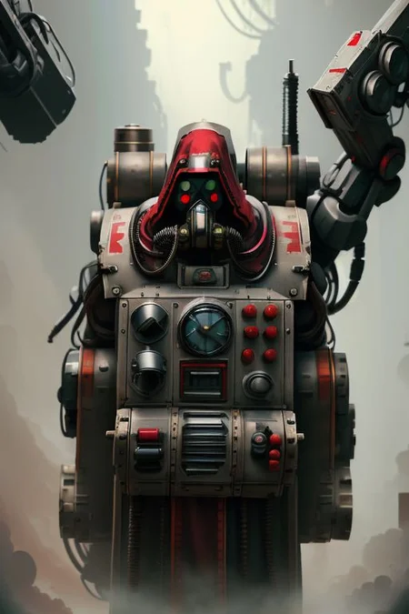 ((masterpiece,best quality)), absurdres, mechanical arms, robes, hood, ((techpriest)), cyborg, mechanical face, (NESStyle) mechanical limbs, gas mask, mechanical tentacles, (mechanical backpack), red cloak, 1other, solo,