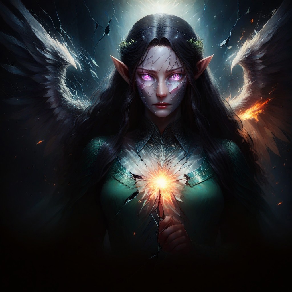 beautiful woman, source_Lord_of_the_rings, wings, angel, Arwen_Undómiel,tolkien's_legendarium, Arwen\(Lord_of_the_Rings\), Arwen, elf, pointy ears, black hair, long hair, sidelocks, shattered skin, cracked skin, broken glass, G4L4XY3Y3S, ,  eye reflection, star_(sky), starry sky, night sky, space, galaxy, multicolored eyes, purple eyes,, blue eyes,