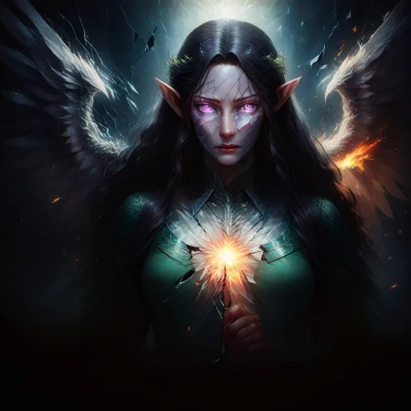 beautiful woman, source_Lord_of_the_rings, wings, angel, Arwen_Undómiel,tolkien's_legendarium, Arwen\(Lord_of_the_Rings\), Arwen, elf, pointy ears, black hair, long hair, sidelocks, shattered skin, cracked skin, broken glass, G4L4XY3Y3S, ,  eye reflection, star_(sky), starry sky, night sky, space, galaxy, multicolored eyes, purple eyes,, blue eyes,