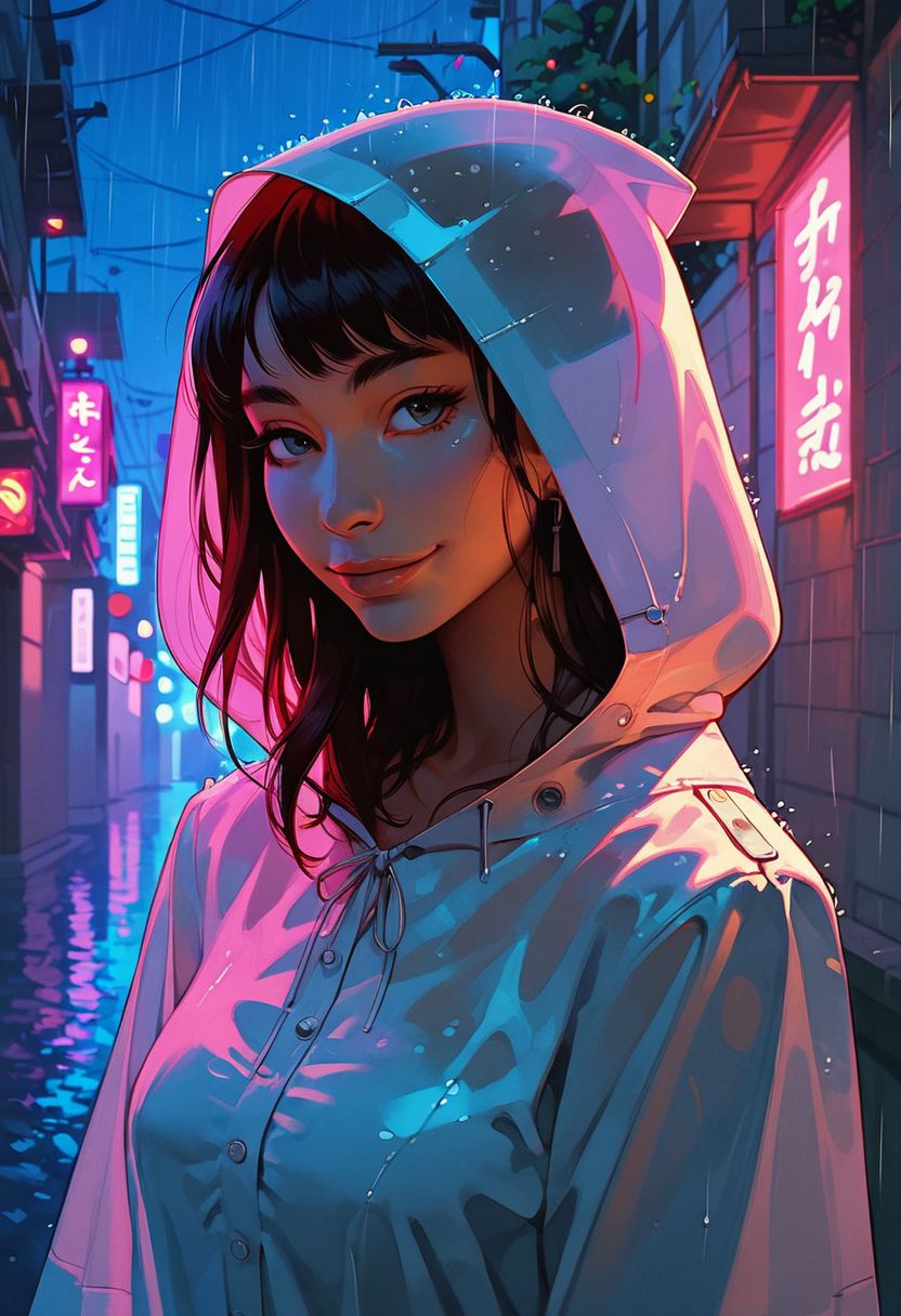score_9, score_8_up, score_7_up, score_6_up, score_5_up, score_4_up, sexy asian girl , cute smile , hooded raincoat ,  aesthetic , side portrait , half body portrait , tokyo street , street lights , neon lights , raining , light signs