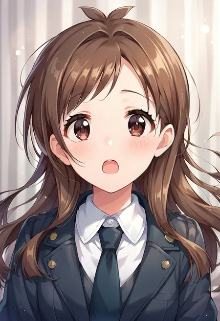 score_9, score_8_up, score_7_up, source_anime,tsujino akari, brown hair, long hair, brown eyes, 1girl, solo, necktie, antenna hair, open mouth, looking at viewer, blush, shirt, jacket, upper body