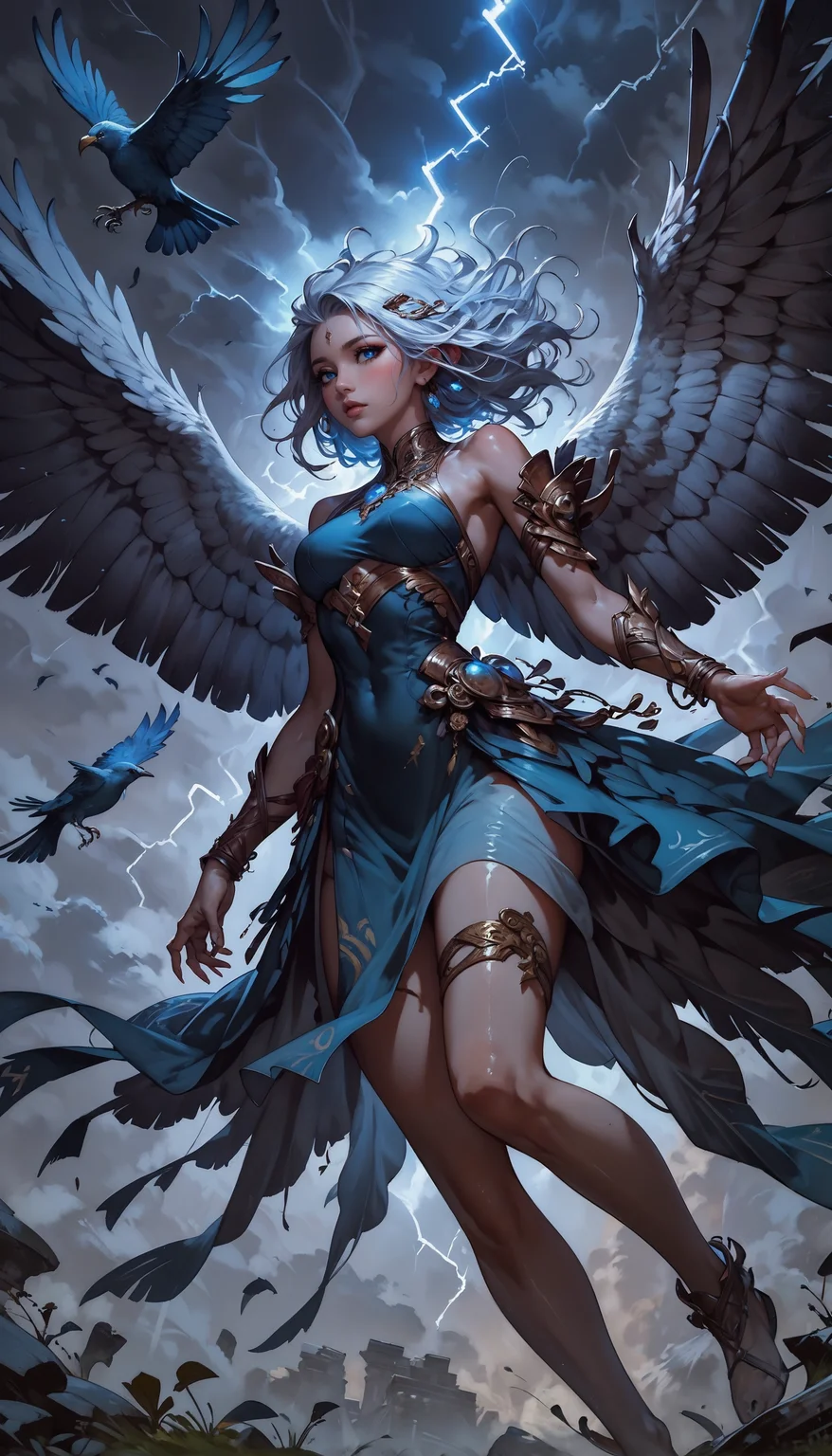 score_9, score_8_up, score_7_up, 1 girl, monster girl, bird girl, feathered wings, lightning aura, hovering among the clouds, air, gold jewelry, thigh strap, shiny skin, blush, beautiful face, blue eyes, white hair, floating hair, gentle breeze, white skin, blue sexy sheer dress, dutch angle, bottomless, pink fingernails, moonlight, stormlight, green leaves, flying leaves, lightning, wind, swirling wind currents, lightning bird, <lora:Expressive_H-000001:0.8>, expressiveH <lora:Fant5yP0ny:0.9> <lora:Pony_DetailV1.0:0.9> <lora:Concept Art DarkSide Style LoRA_Pony XL v6:0.8> concept art,
