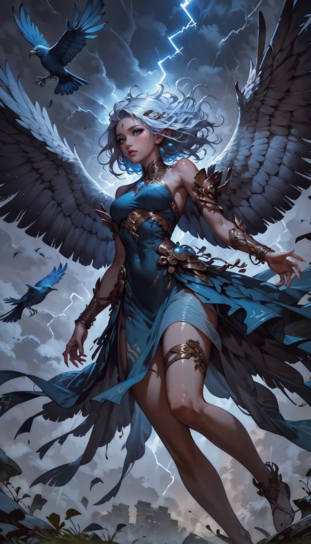 score_9, score_8_up, score_7_up, 1 girl, monster girl, bird girl, feathered wings, lightning aura, hovering among the clouds, air, gold jewelry, thigh strap, shiny skin, blush, beautiful face, blue eyes, white hair, floating hair, gentle breeze, white skin, blue sexy sheer dress, dutch angle, bottomless, pink fingernails, moonlight, stormlight, green leaves, flying leaves, lightning, wind, swirling wind currents, lightning bird, <lora:Expressive_H-000001:0.8>, expressiveH <lora:Fant5yP0ny:0.9> <lora:Pony_DetailV1.0:0.9> <lora:Concept Art DarkSide Style LoRA_Pony XL v6:0.8> concept art,