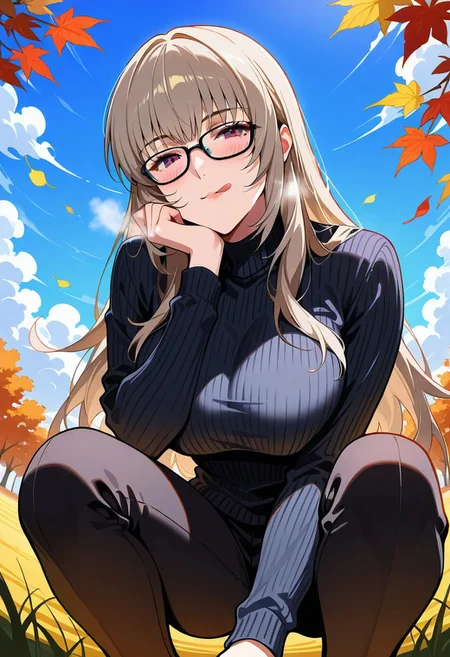 score_9, score_7_up, 1girl, Katherine Mcbride, glasses, turtleneck sweater, black sweater, long sleeves, black pants, large breasts, half closed eyes, seductive gaze, bedroom eyes, licking lips, naughty face, blush, field, steam, outdoors, blue sky, clouds, autumn, looking at viewer, from below, hand on chin, squatting,