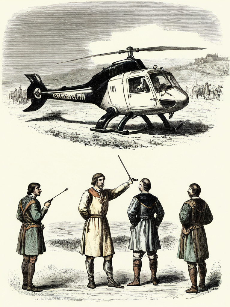 vintageillustration, bunch of medieval peasants inspecting a landed helicopter, 8k, very detailed, UHD, extreme details, medieval, helicopter, absurdres