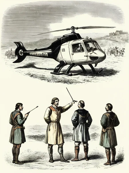 vintageillustration, bunch of medieval peasants inspecting a landed helicopter, 8k, very detailed, UHD, extreme details, medieval, helicopter, absurdres
