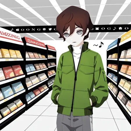 masterpiece, best quality, amazing quality, very aesthetic, absurdres, newest, best quality,amazing quality,flat color,minimalism,no lineart,SMTHER1, 1boy, male focus, brown hair, short hair, grey eyes, white turtleneck shirt, green zipped jacket, stripe trimmed pants, grey pants, upper body, aged up, dark upper lip, shopping, mall background, hands in pockets, musical note, solo