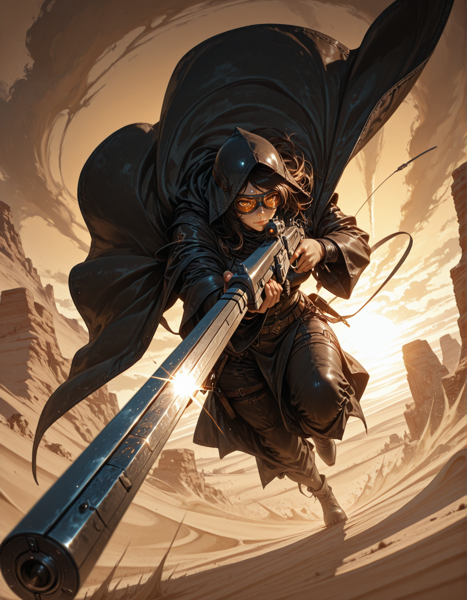 masterpiece, best quality,high quality, newest, highres,8K,HDR,absurdres, 1girl, solo, action shot, aiming, holding gun, goggles, cloak, motion-blur, desert, sand dust, trajectory, maneuver, oil film, film grain
, dynamic pose, intense lighting, detailed background, depth of field, dynamic composition, foreshortening, detailed background, dynamic pose, dynamic composition,dutch angle, detailed backgroud,foreshortening,blurry edges <lora:iLLMythG0thicL1nes:1> G0thicL1nes