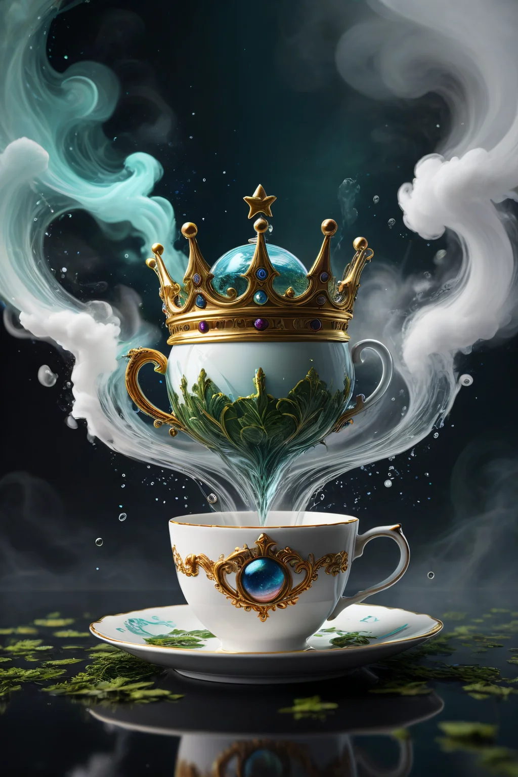 sci-fi style Crown floating amidst swirling steam and tea leaves within a teacup, with the rim of the cup appearing distorted as if viewed through rippling water. futuristic, technological, alien worlds, space themes, advanced civilizations