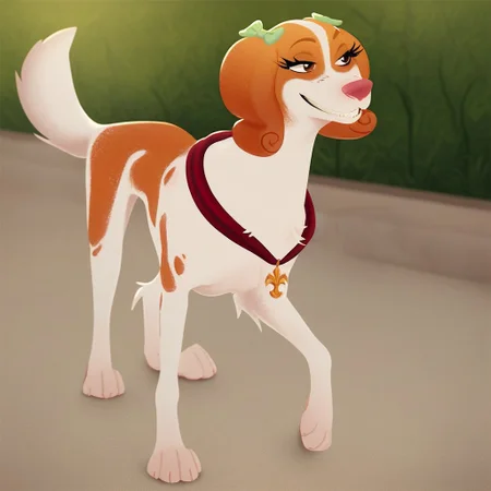 score_9, score_8_up, score_7_up, score_6_up, source_furry, source_cartoon, best quality, masterpiece, absurdres, 
1girl, solo, tanebl, spaniel, female, feral, dog, 
green bow, brown eyes, freckles, smug, half-closed eyes, smile, 
standing, full body, red collar, pendant,
outside