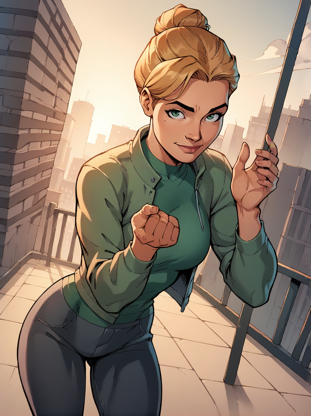 score_9, score_8_up, score_7_up,,
1girl, solo, dynamic pose, dynamic angle, hands up, outdoors, light smile, cowboy shot, dutch angle, medium breasts, from side, sexy pose, looking at viewer, city, leaning forward, 
<lora:AZoeSplitFiction_character:0.8>, ZoeXL, blonde hair, hair bun, green eyes, jacket, pants, green shirt, <lora:PulenKompot-J._Scott_Campbell-PonyXL:0.8> jsc,