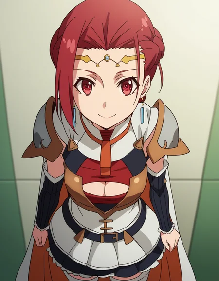 score_9, score_8_up, score_7_up, source_anime, <lora:pina-co-lada-s1s2-ponyxl-lora-nochekaiser:1>, pina co lada, short hair, red eyes, red hair, braid, single braid, braided ponytail, medium breasts,, skirt, thighhighs, cleavage, jewelry, earrings, detached sleeves, cape, armor, cleavage cutout, circlet,, hospital room, bedside, get well flowers, comforting, quiet, smile, looking at viewer, from above,, solo,, cowboy shot, dutch angle