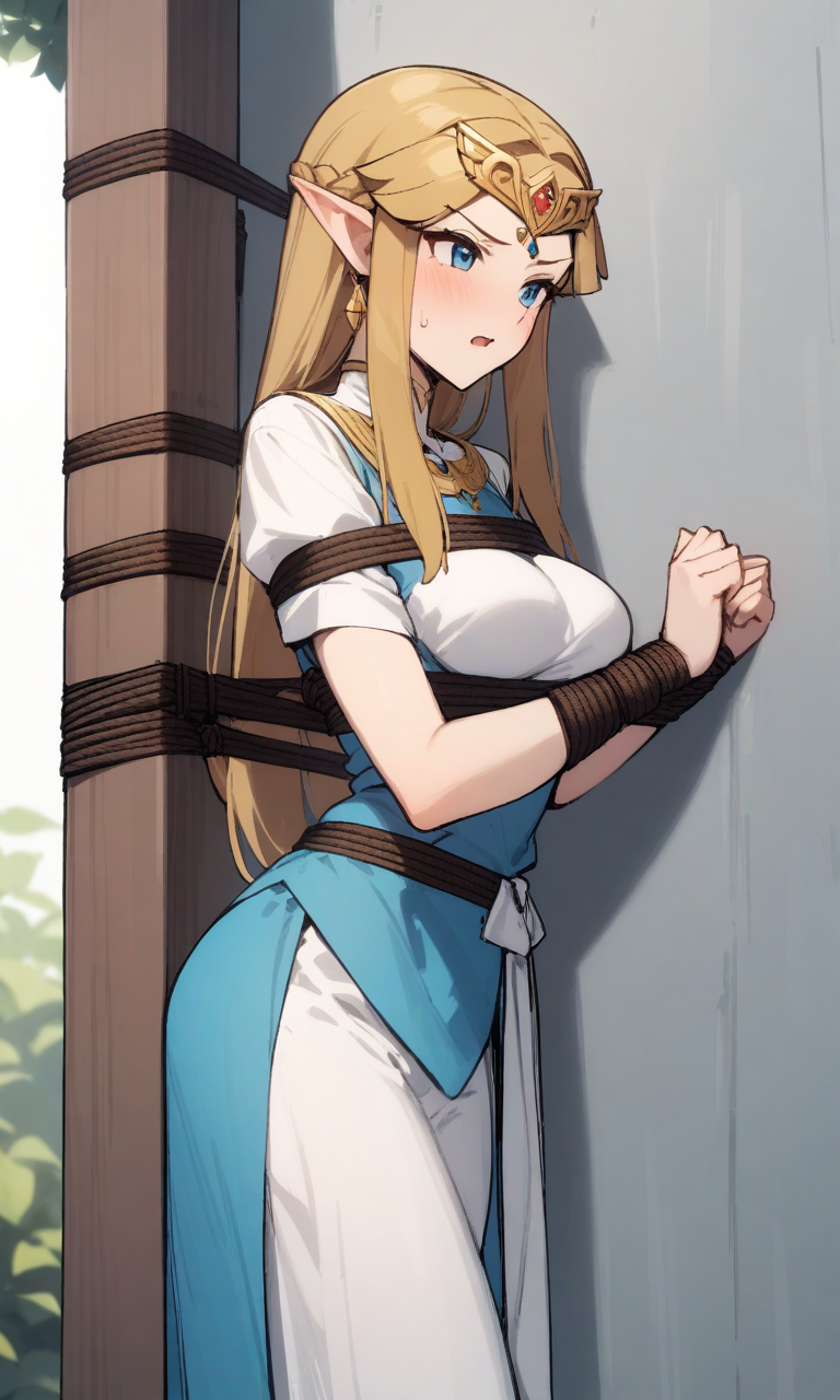 Masterpiece, high quality, absurdres, 1girl, Princess Zelda, P0L3B0UND, bondage, bound, hanging breasts, bound wrists, restrained, tied_to_stake, pole, upright restraints