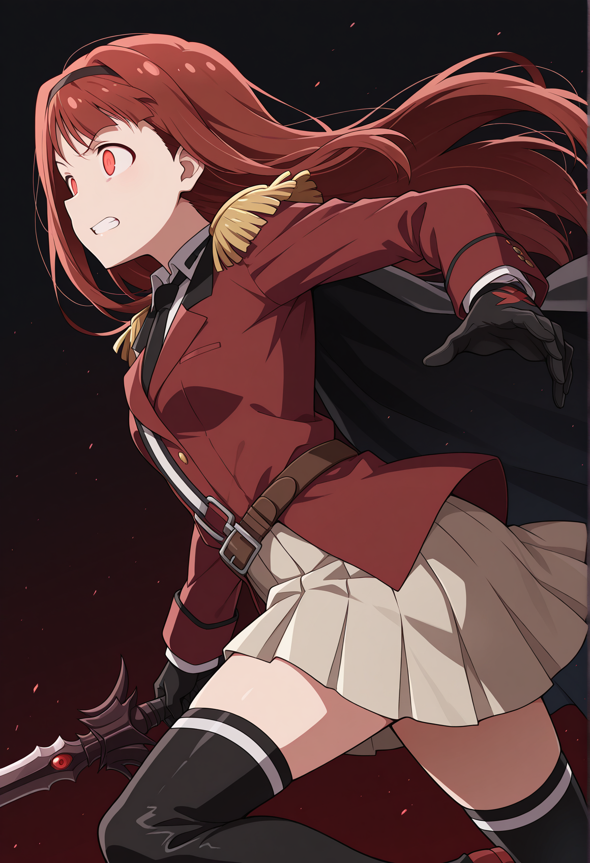 <lora:tanaka_kotoha_ã³ããç·å¸¥_ill_v1.0-000005:1>,tanaka kotoha,brown hair,long hair,hairband,red eyes,crazy eyes,
red military jacket,epaulettes,black gloves,black necktie,belt,black cape,pleated skirt,black thigh boots,
1girl,solo,anime coloring,
dynamic pose,holding sword,facing to the side,running,from side,
dark theme,gradient background,
clenched teeth,
BREAK, textless version,