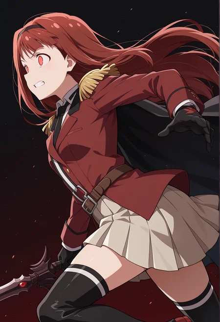 <lora:tanaka_kotoha_ã³ããç·å¸¥_ill_v1.0-000005:1>,tanaka kotoha,brown hair,long hair,hairband,red eyes,crazy eyes,
red military jacket,epaulettes,black gloves,black necktie,belt,black cape,pleated skirt,black thigh boots,
1girl,solo,anime coloring,
dynamic pose,holding sword,facing to the side,running,from side,
dark theme,gradient background,
clenched teeth,
BREAK, textless version,