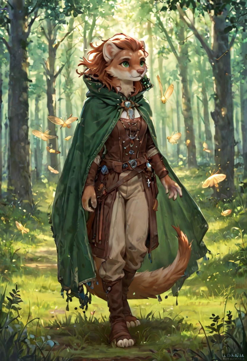 score_9, score_8_up, score_7_up, score_6_up, solo, stoat, beige fur, freckles, fantasy clothes, green clothes, blond hair, green cape, female, forest background, lush field background, field, weasel, green eyes, fullbody, bright hair, sundawn, night, fireflies, dark fantasy style