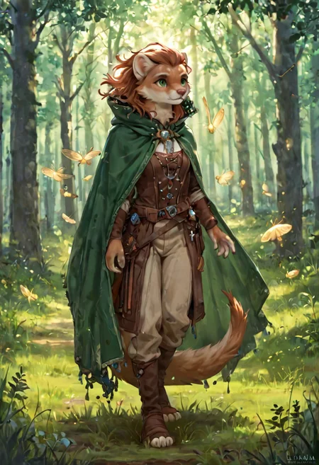 score_9, score_8_up, score_7_up, score_6_up, solo, stoat, beige fur, freckles, fantasy clothes, green clothes, blond hair, green cape, female, forest background, lush field background, field, weasel, green eyes, fullbody, bright hair, sundawn, night, fireflies, dark fantasy style