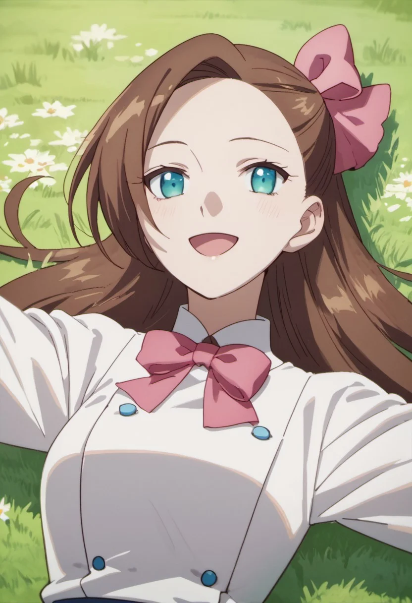 score_9, score_8_up, score_7_up, source_anime, katarina claes, brown hair, blue eyes, long hair, 1girl, solo, hair bow, bow, smile, open mouth, on back, outstretched arms, lying, grass, looking at viewer, pink bow