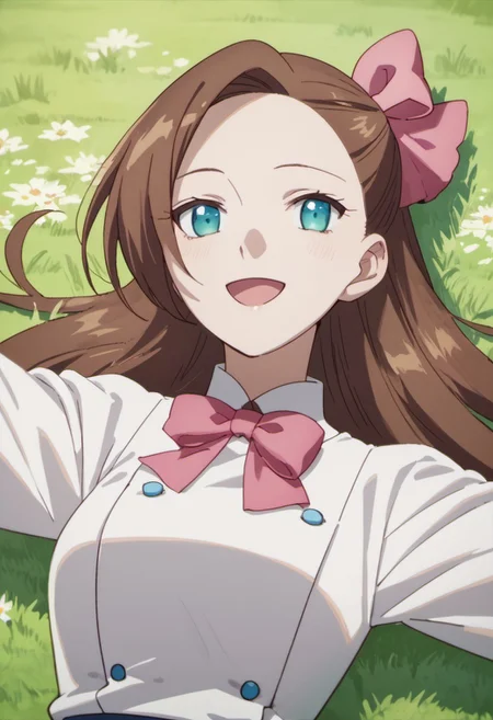 score_9, score_8_up, score_7_up, source_anime, katarina claes, brown hair, blue eyes, long hair, 1girl, solo, hair bow, bow, smile, open mouth, on back, outstretched arms, lying, grass, looking at viewer, pink bow
