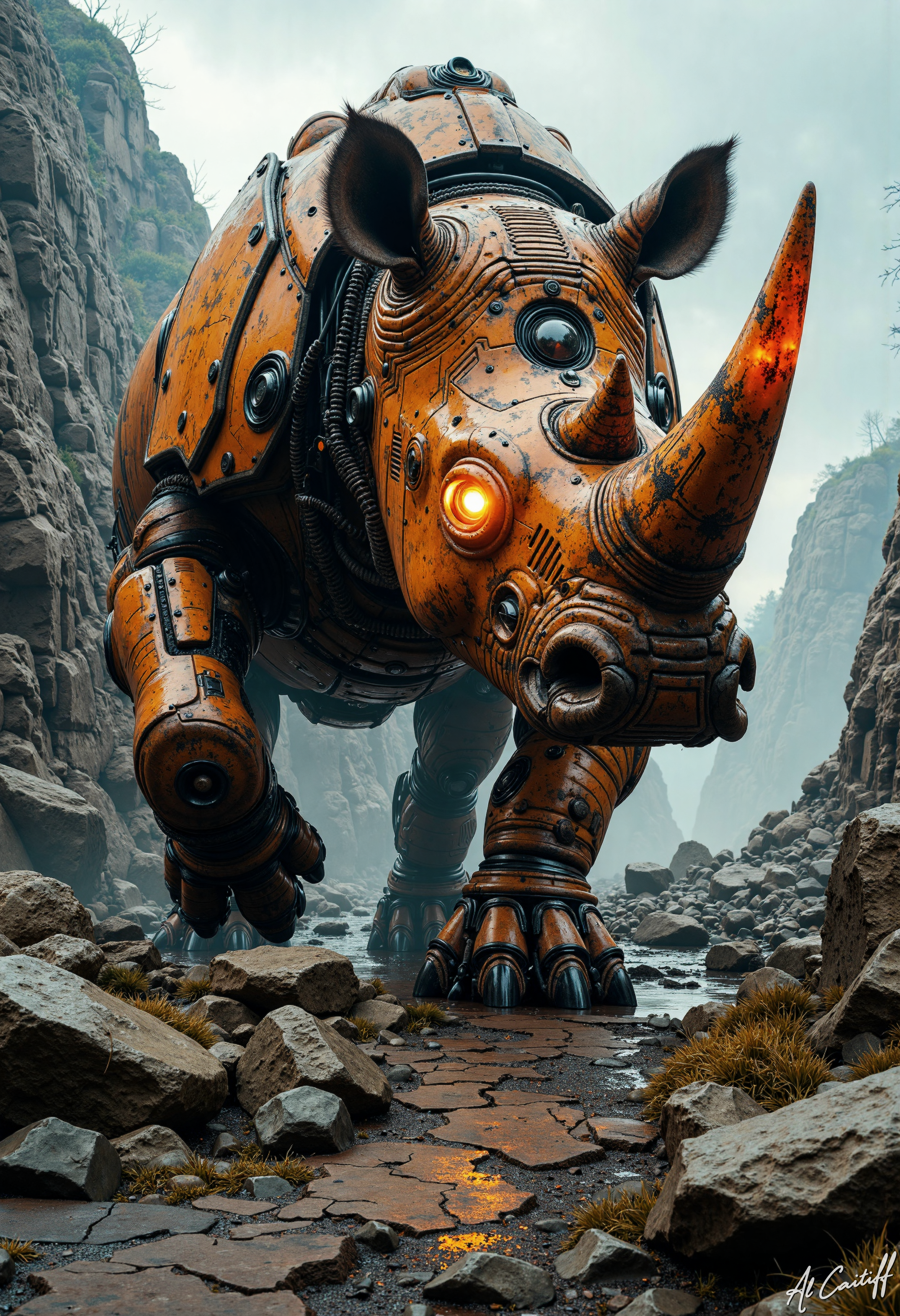 High-angle Dutch tilt, 35mm fisheye lens with pronounced barrel distortion, deep depth of field. A dystopian, industrial setting with warm orange tones. A massive, mechanized rhinoceros, its body a fusion of steel and worn, rusted armor, emerges from a fog-shrouded, rocky outcropping, its four legs moving as it raises its glowing, electric-orange tipped horn in a menacing, arcing motion. On it's forehead a class shows a cockpit inside it's head, an a pilot controls the huge robotic rhinoceros. The rhinoceros eyes, two bright, fiery orbs, seem to burn with an inner light, casting an eerie glow across the cracked, wet stone beneath its feet., l1n0c2t<lora:Flux/Linocut - s1 g4.safetensors:0.5000000000000001:0.5000000000000001> <lora:CustomFlux/MysticRealism.safetensors:0.5000000000000001:0.5000000000000001>