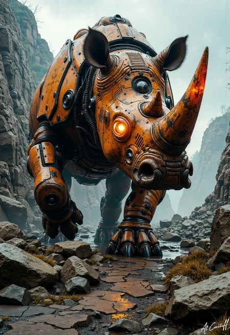 High-angle Dutch tilt, 35mm fisheye lens with pronounced barrel distortion, deep depth of field. A dystopian, industrial setting with warm orange tones. A massive, mechanized rhinoceros, its body a fusion of steel and worn, rusted armor, emerges from a fog-shrouded, rocky outcropping, its four legs moving as it raises its glowing, electric-orange tipped horn in a menacing, arcing motion. On it's forehead a class shows a cockpit inside it's head, an a pilot controls the huge robotic rhinoceros. The rhinoceros eyes, two bright, fiery orbs, seem to burn with an inner light, casting an eerie glow across the cracked, wet stone beneath its feet., l1n0c2t<lora:Flux/Linocut - s1 g4.safetensors:0.5000000000000001:0.5000000000000001> <lora:CustomFlux/MysticRealism.safetensors:0.5000000000000001:0.5000000000000001>