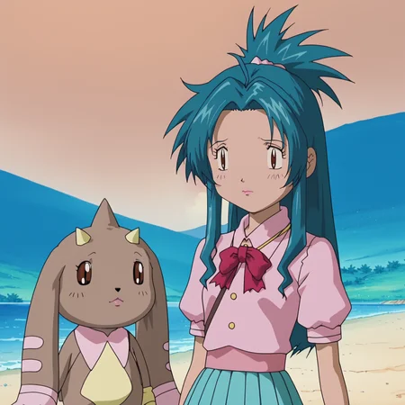 score_9,score_8,score_7,score_6,score_5, digimon , ChidoriKaname,1girl,aqua hair,long hair,brown eyes,, ponytail, lipstick,hair bun,, school_uniform,red ribbon tie,puffy_sleeves,short_sleeves, aqua pleated_skirt, outdoors, digimon (creature), solo, brown fur, horns, black eyes <lora:Digimon_v2:1.0> <lora:ChidoriKanameXLpony001:1.0> <lora:Lo:0.8>