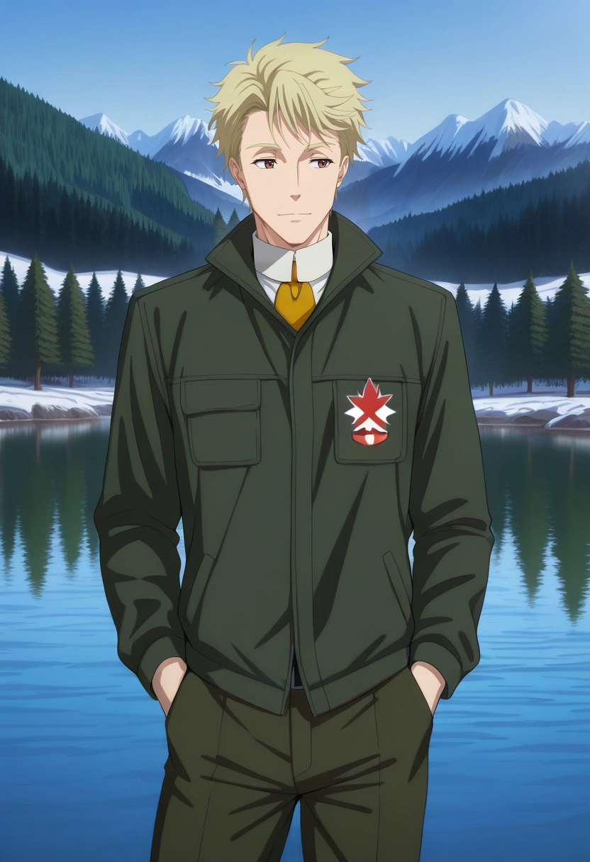 masterpiece, best quality, , ,, 1boy, solo, male focus, <lora:john_h_watson_ilxl:0.96>, john_h_watson, blonde hair, brown eyes, short hair, , Banff National Park, Canada, emerald lake, towering pine trees, standing pose, relaxed expression, soft lighting,