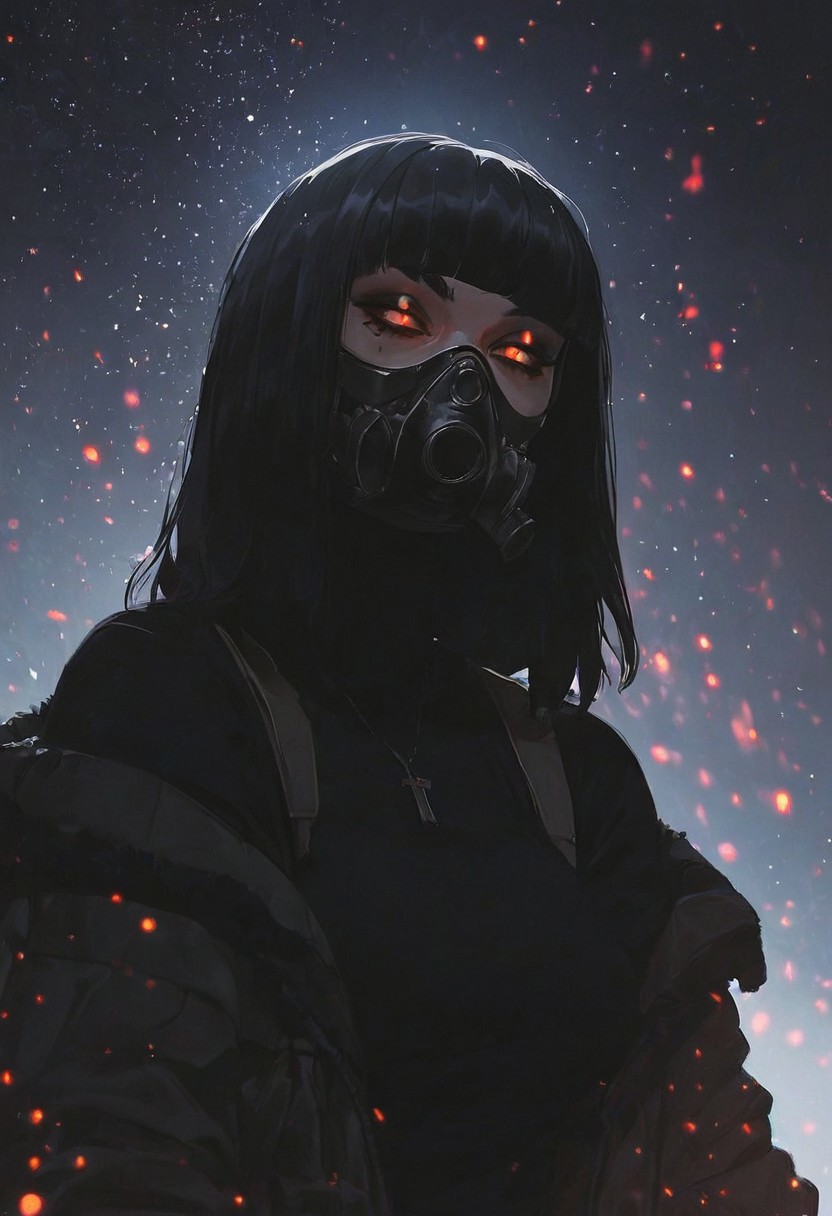 score_9, score_8_up, score_8_up, 1girl, depth of field, raw, intimate shot, (goth girl, gas mask, ski mask, open jacket, off shoulder), nsfw, pierced nipples, ((glowing particles, flames)), large perfect breasts, (holding a weapon)