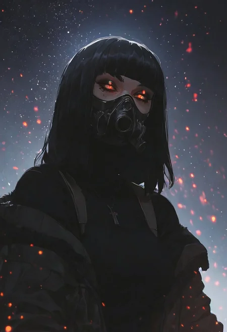 score_9, score_8_up, score_8_up, 1girl, depth of field, raw, intimate shot, (goth girl, gas mask, ski mask, open jacket, off shoulder), nsfw, pierced nipples, ((glowing particles, flames)), large perfect breasts, (holding a weapon)