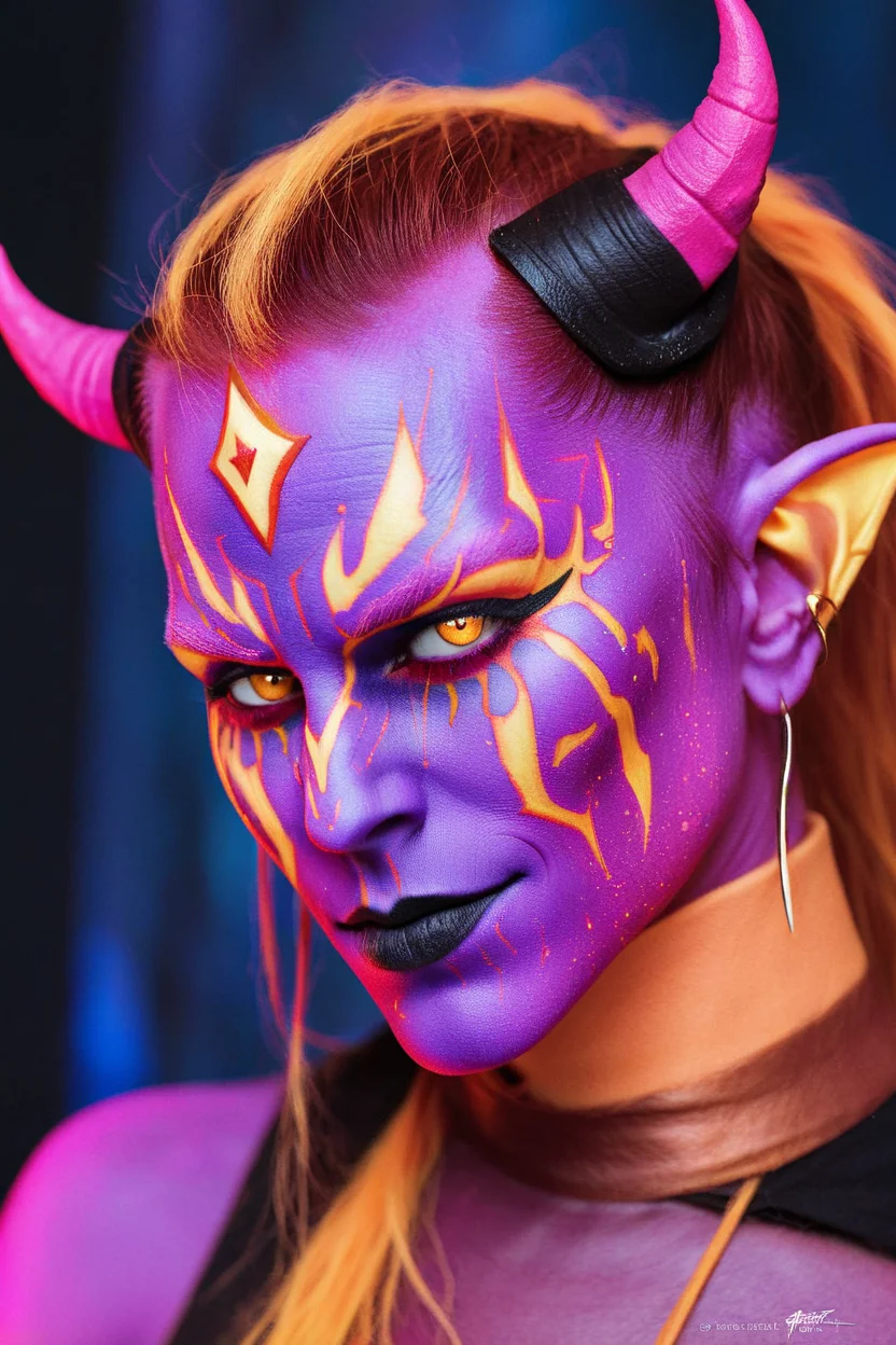 Portrait of (tiefling with blacklight makeup), fantasy, highly detailed, digital painting, artstation, concept art, sharp focus, illustration, art by Tony Sart and artgerm and randy vargas